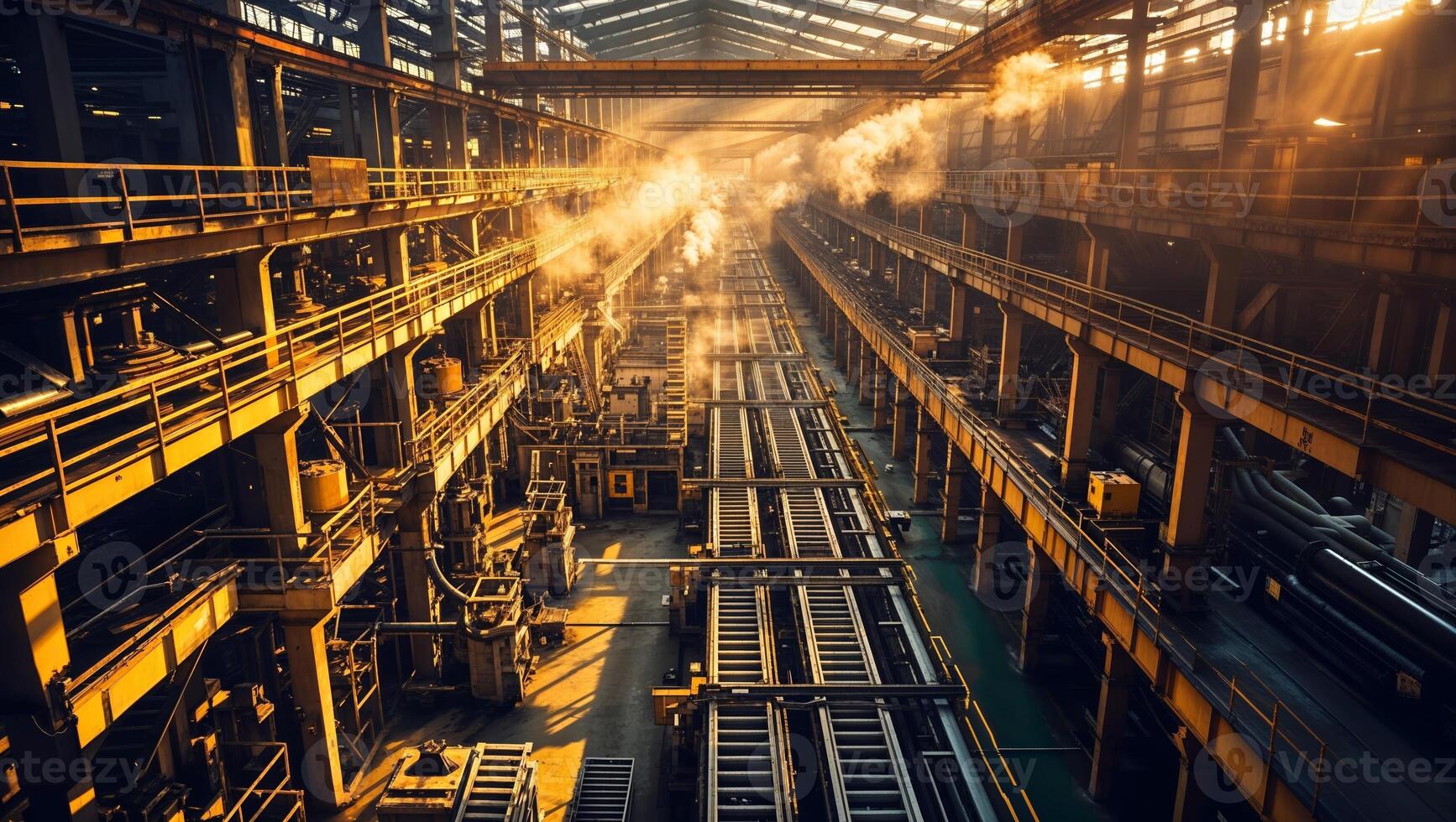 Industrial facility illuminated by sunlight with machinery and steam in motion during late afternoon hours photo