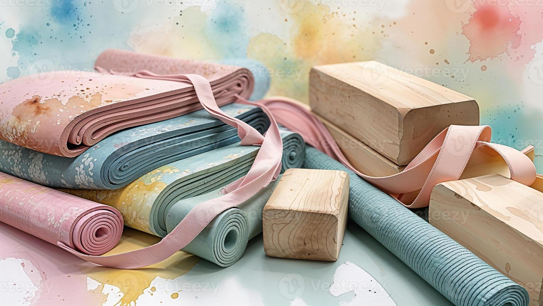 Yoga mats and blocks arranged artistically with a colorful background at a serene outdoor setting photo