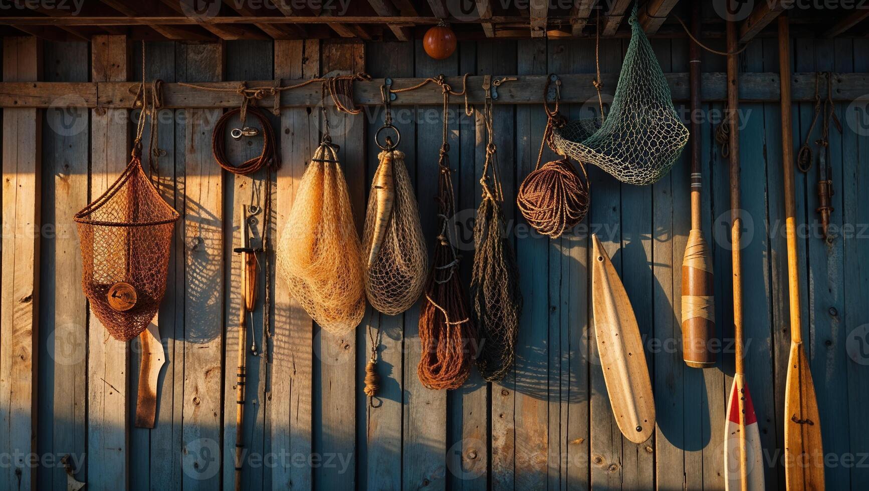 Vintage fishing gear displayed against a rustic wooden wall in late afternoon sunlight photo