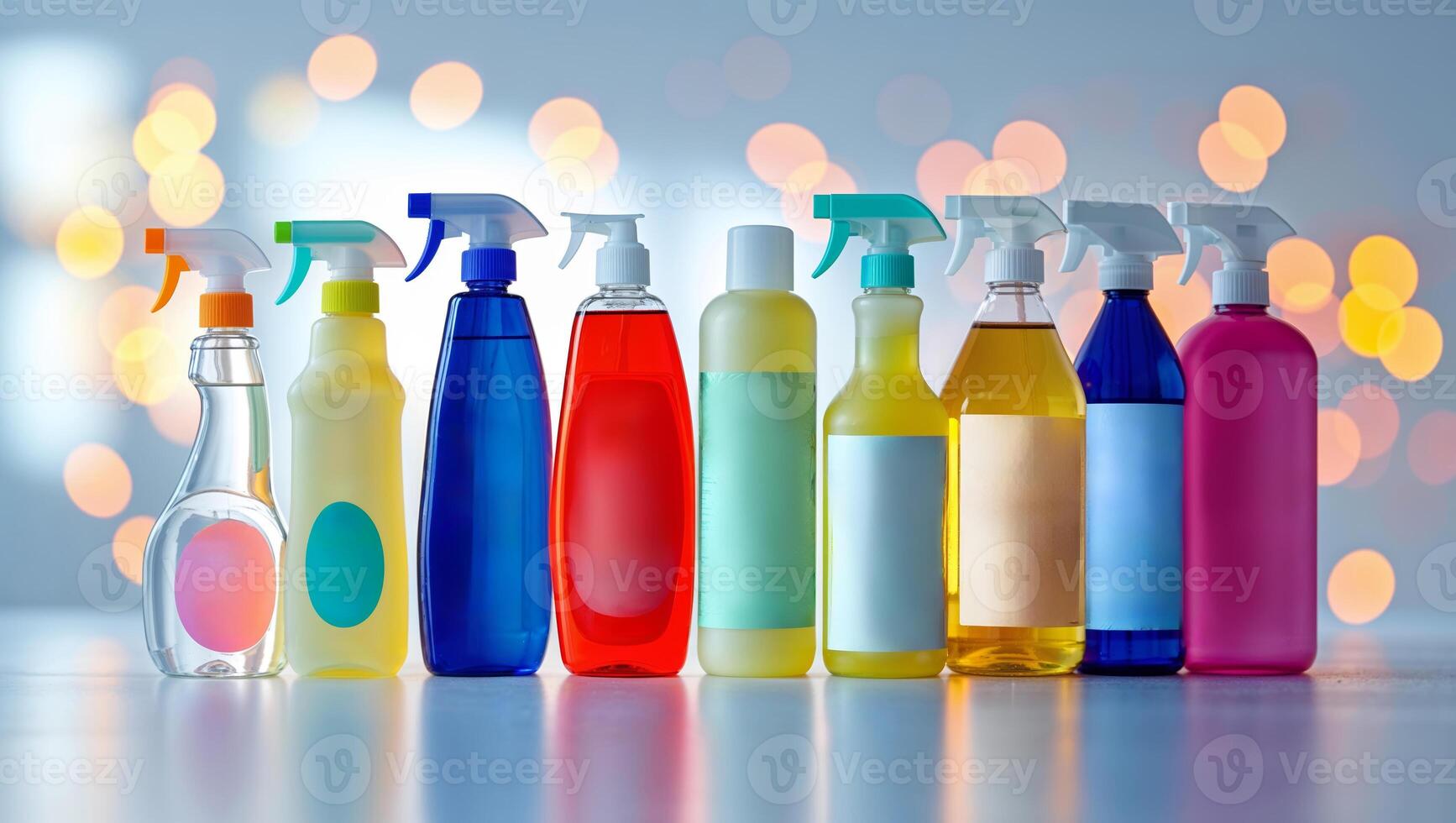 Colorful array of cleaning products displayed on a table with blurred lights in the background photo