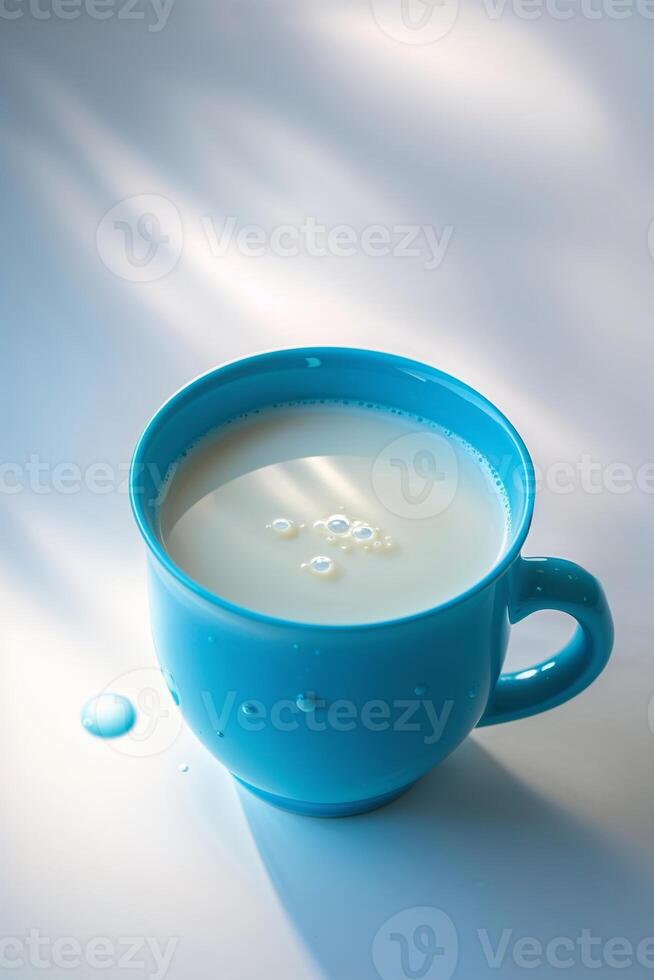 Blue cup filled with fresh milk resting on a white surface in sunlight photo