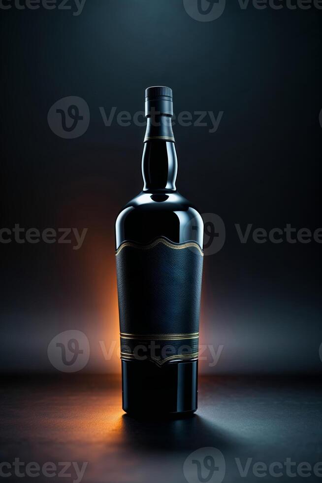Elegant black bottle with leather wrap displayed in a dimly lit environment highlighting craftsmanship and design features photo