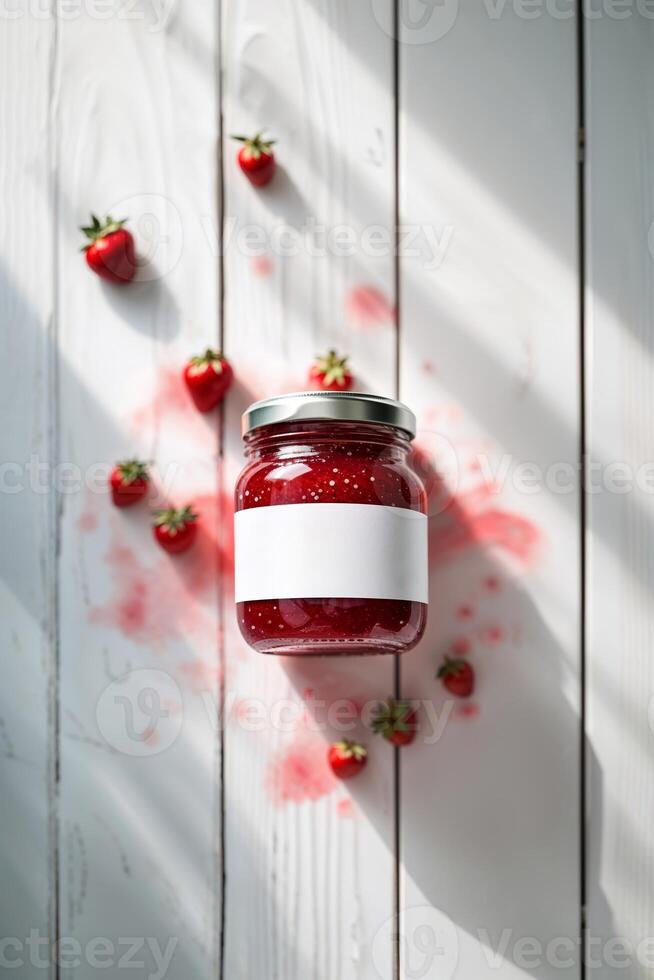 Freshly made strawberry jam in a jar surrounded by strawberries on a wooden surface photo