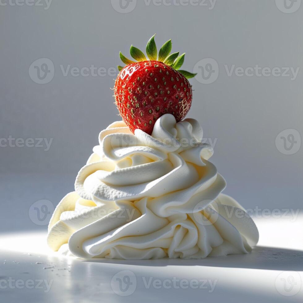 Delicious whipped cream topped with fresh strawberry on a sunny surface photo