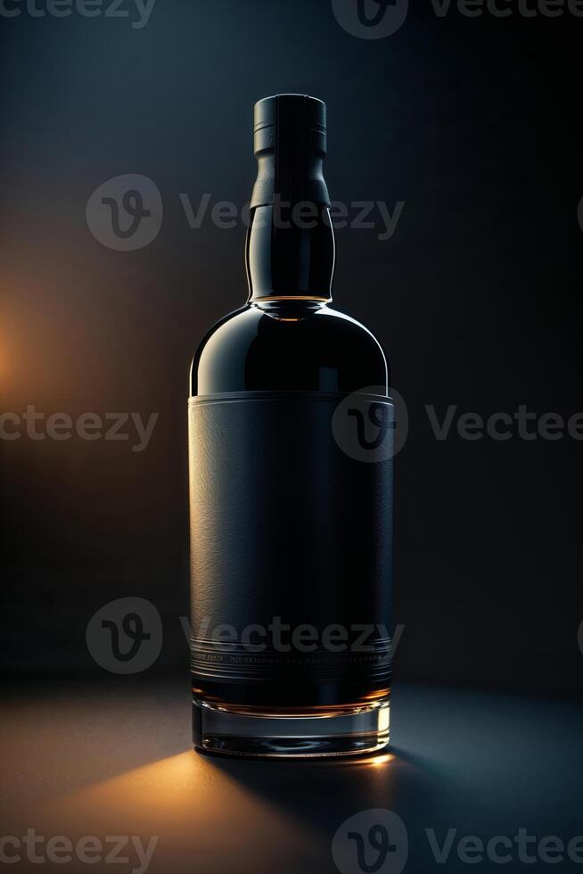 Dark and elegant whiskey bottle illuminated by soft lighting on a simple backdrop photo