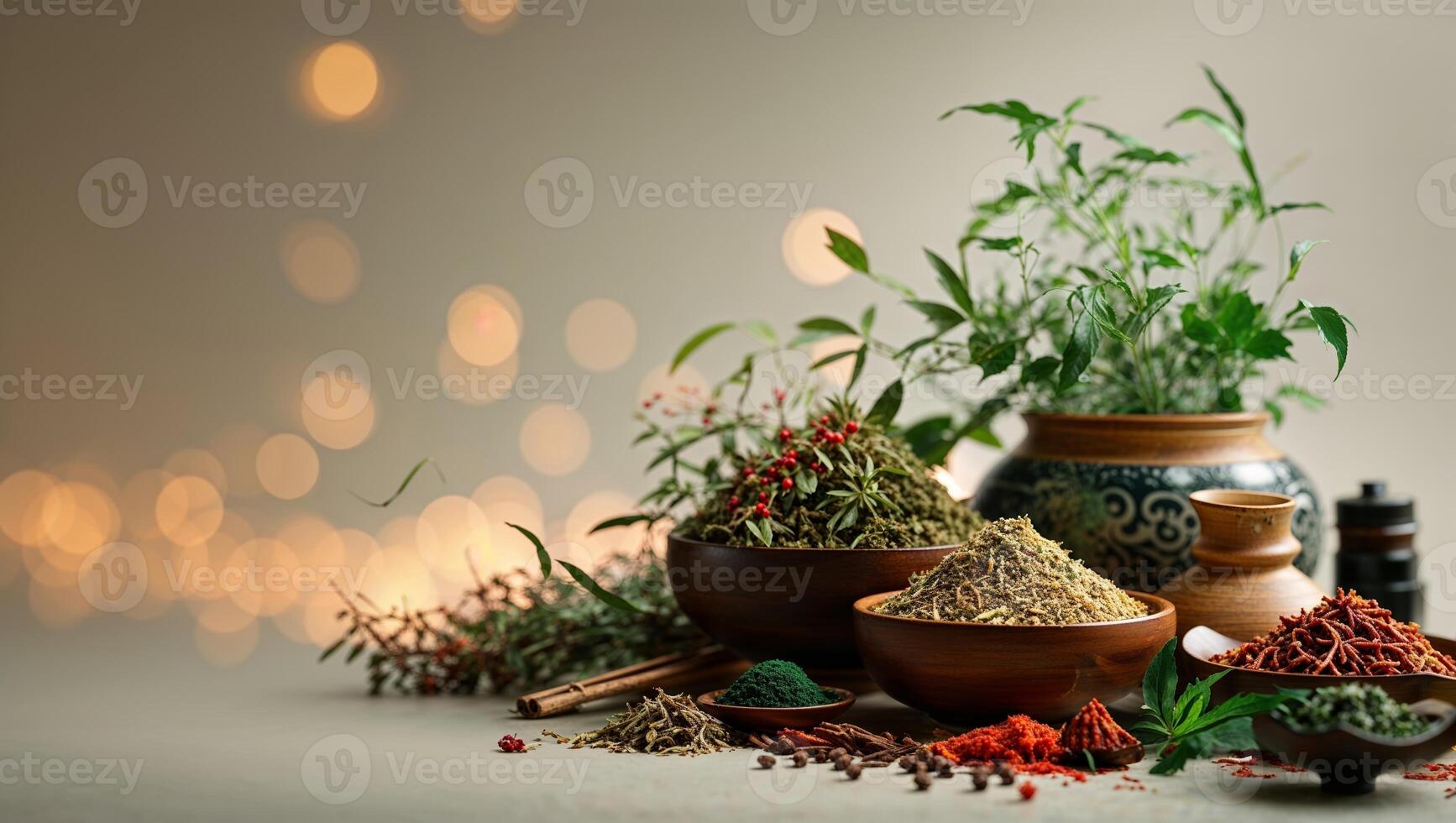 Colorful display of spices and herbs arranged in bowls with blurred background lights in a cozy setting photo