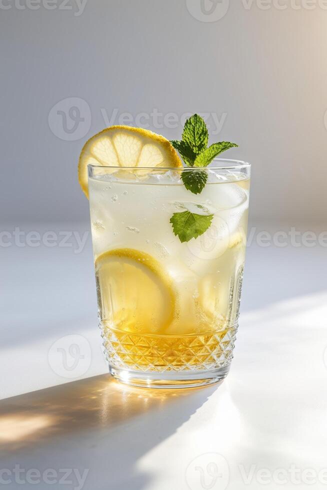 Refreshing citrus drink served in a glass with mint and lemon on a sunny tabletop photo