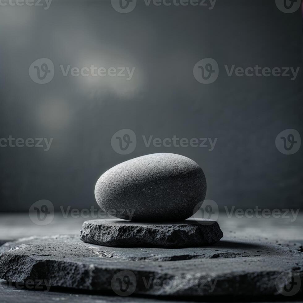 Unique gray stone balanced on rough surface in a minimalist setting during soft lighting photo