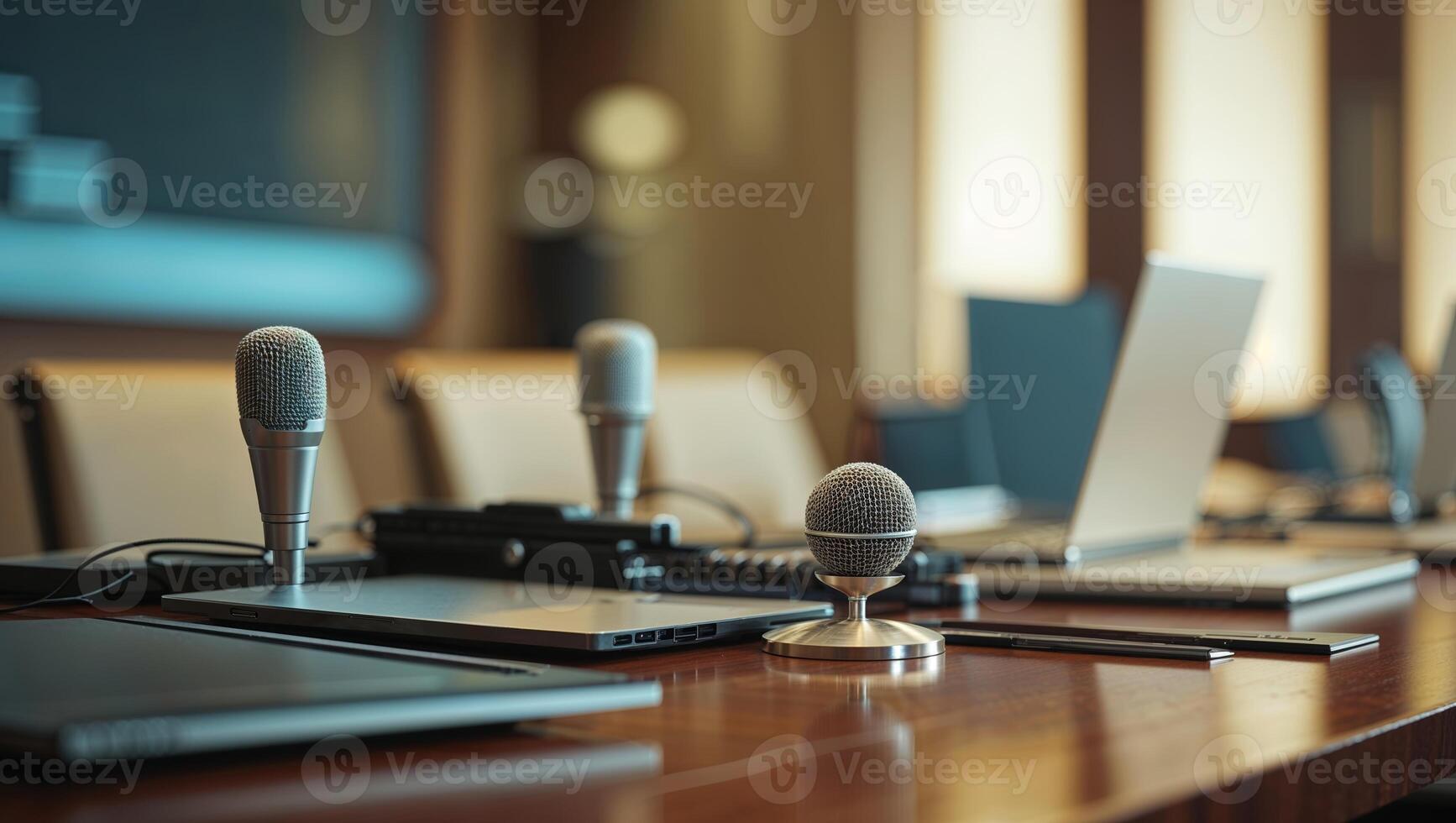 Meeting setup in a conference room with microphones and laptops on a polished wooden table photo