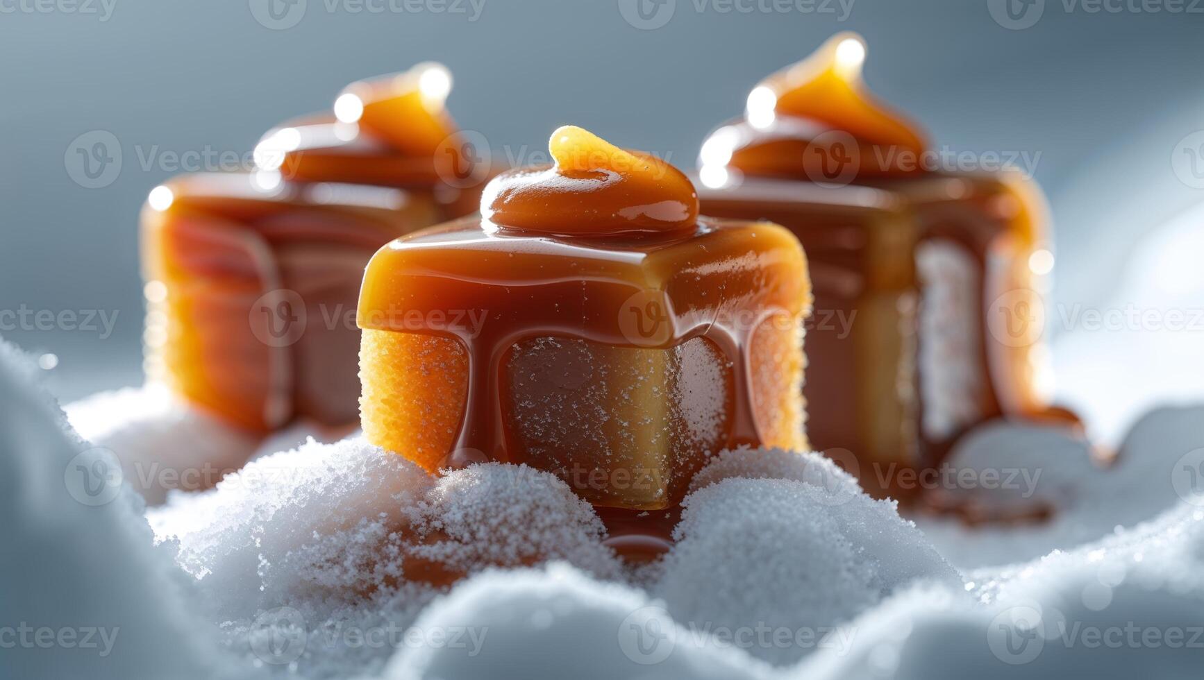 Sweet caramel cubes resting on a bed of soft snow under gentle lighting in a winter setting photo