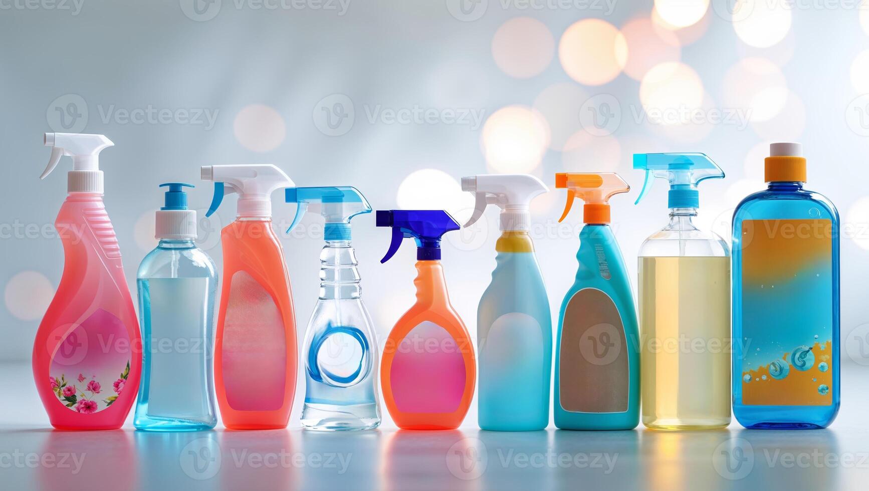 Variety of cleaning spray bottles on a countertop with a blurred background during daytime photo