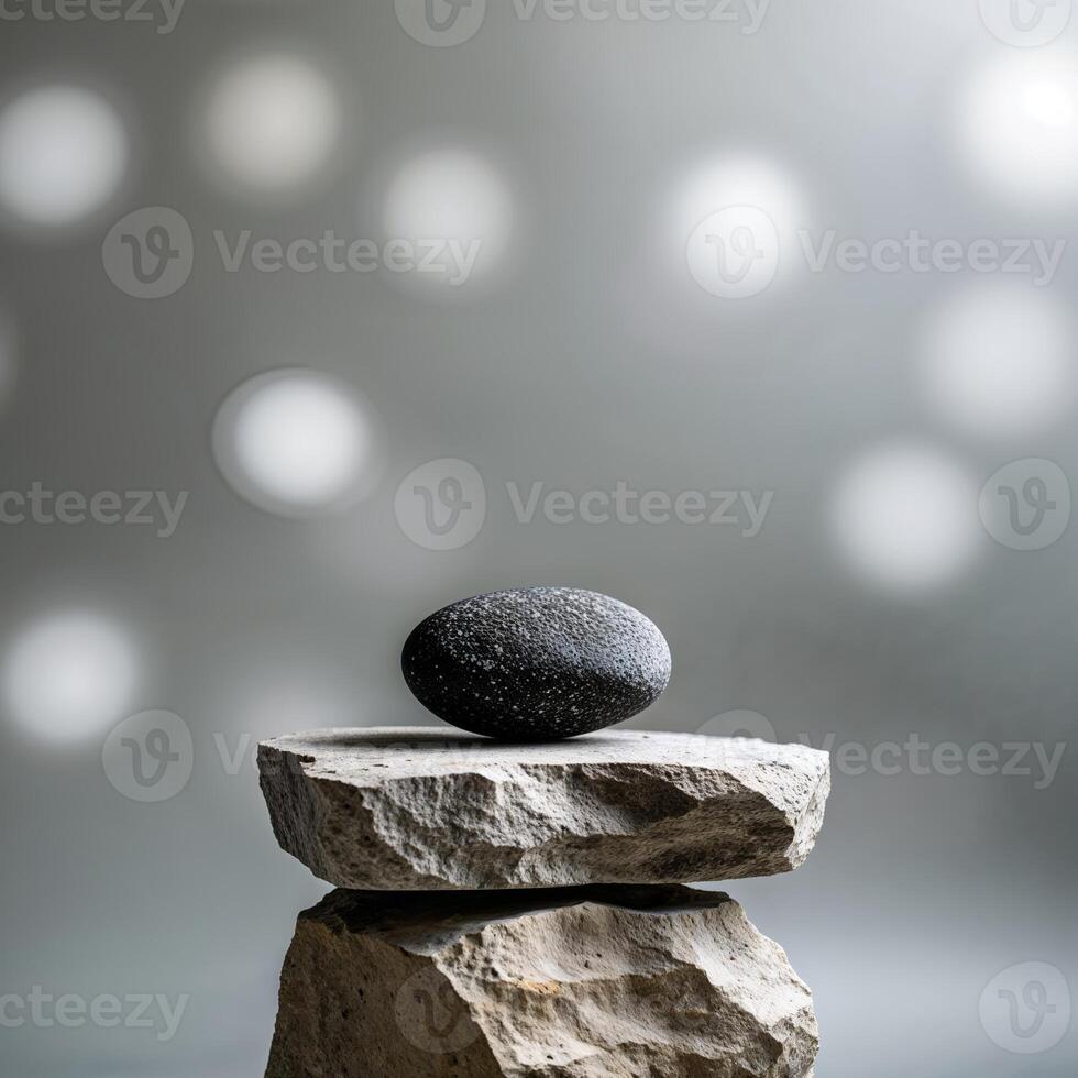 Elegant arrangement of a smooth black stone balanced on textured beige rocks with a soft bokeh background photo