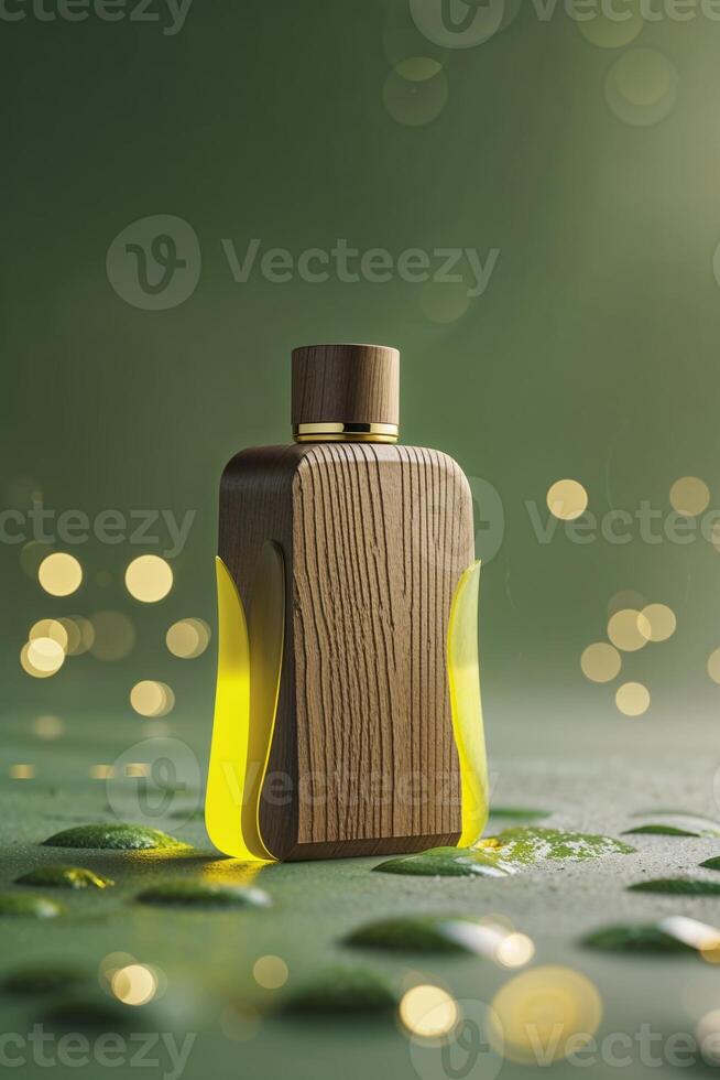 Creative design of a wooden bottle with a glowing yellow liquid on a textured surface with soft bokeh lights photo