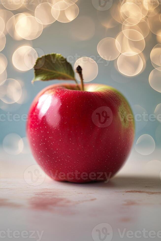 Fresh red apple with green leaf on a blurred bokeh background, highlighting its glossy surface and natural color photo
