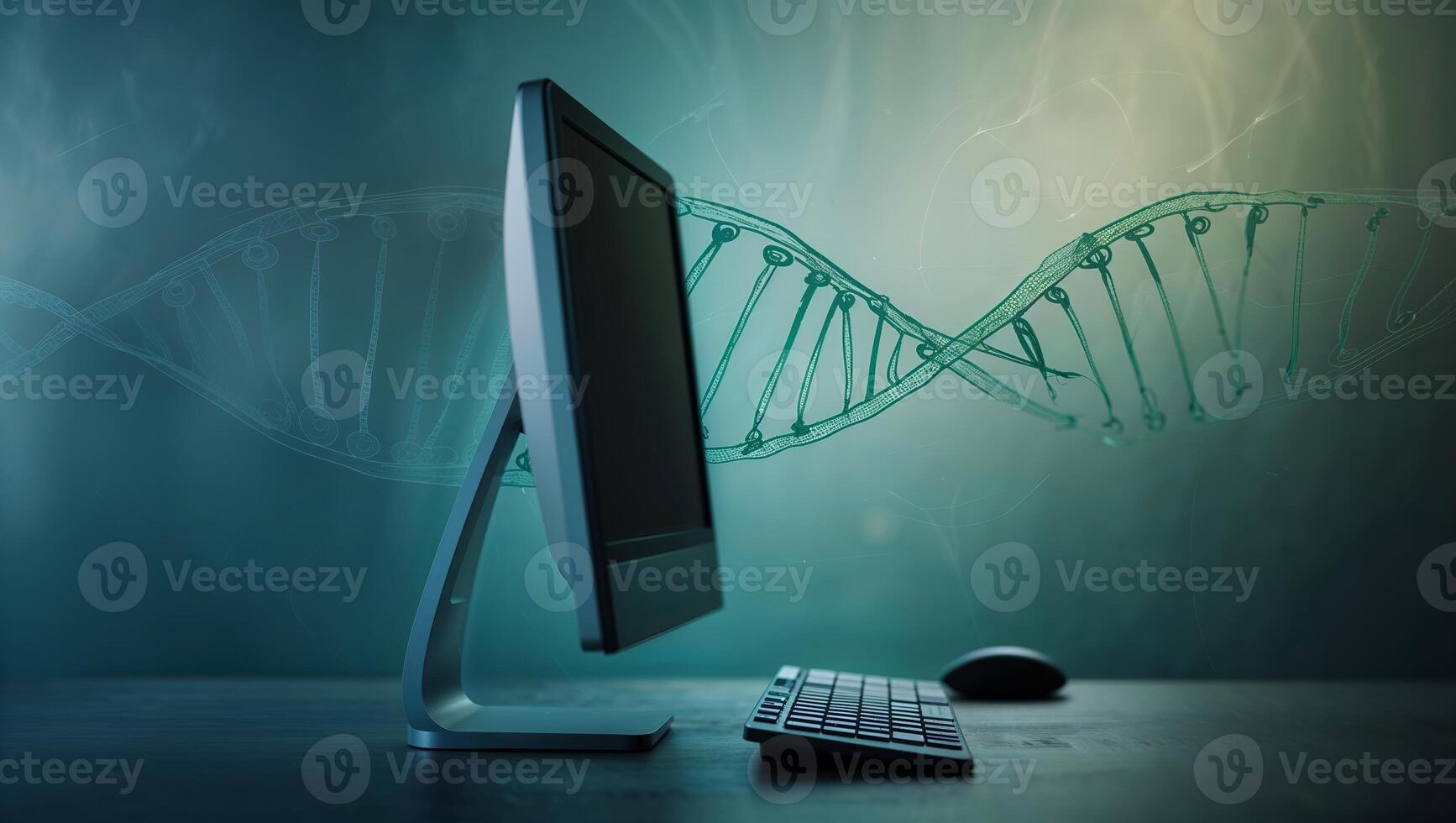Computer displaying DNA helix symbolizing the intersection of technology and genetics in modern research initiatives photo
