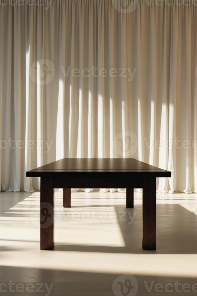 Modern wooden table in a bright room with sheer curtains during the morning photo