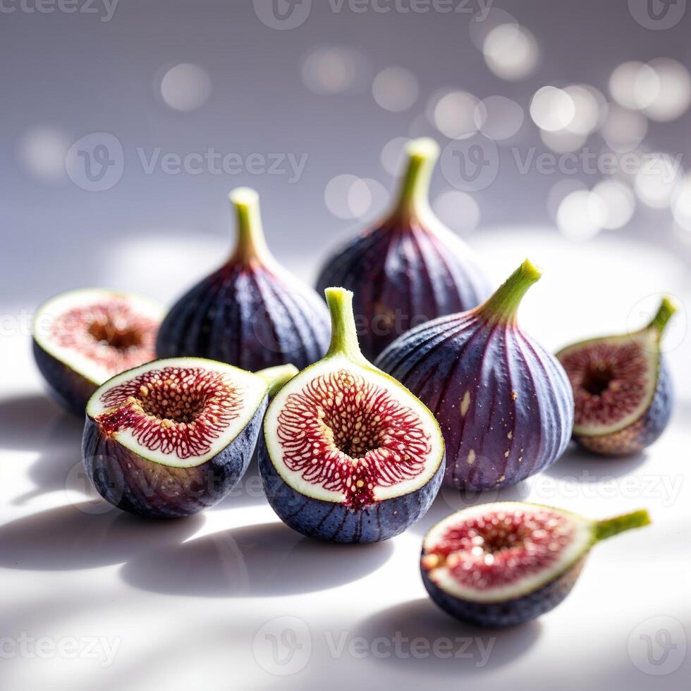 Fresh figs displayed on a reflective surface showcasing their vibrant colors and intricate textures in soft lighting photo
