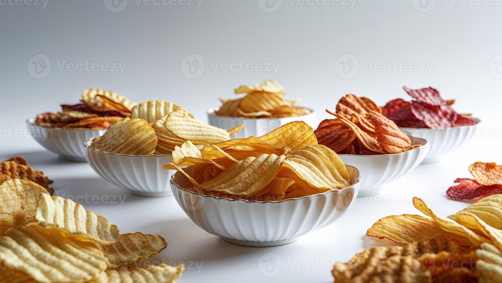 Colorful assortment of potato chips in white bowls on a light background during a snack time setup photo