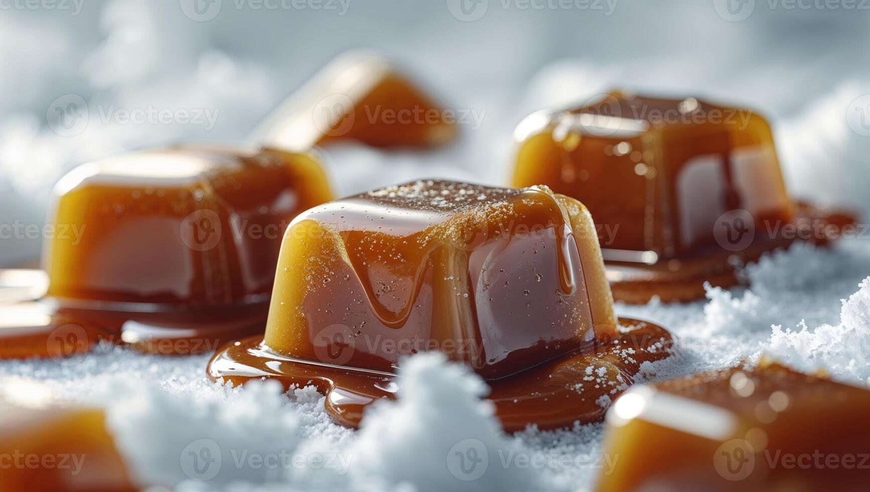 Caramel cubes resting on snow create a striking winter dessert display in a cozy kitchen setting photo