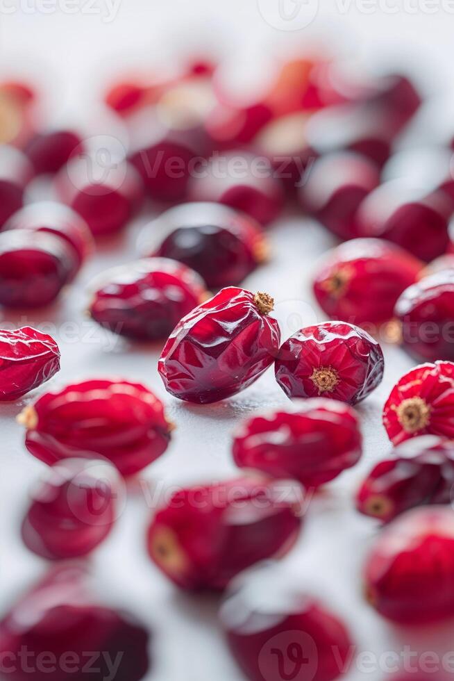 Dried red cranberries scattered on a countertop creating an attractive texture and color display photo