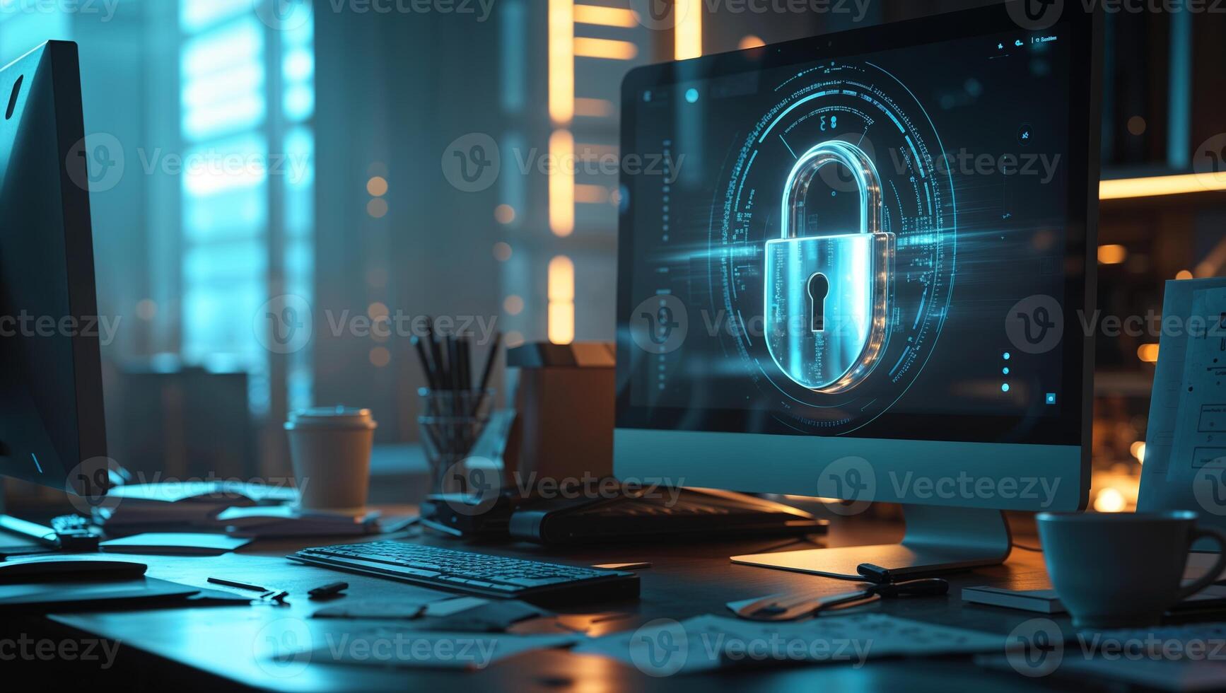 Desk setup with computer displaying digital security lock symbol in a modern office environment during evening hours photo