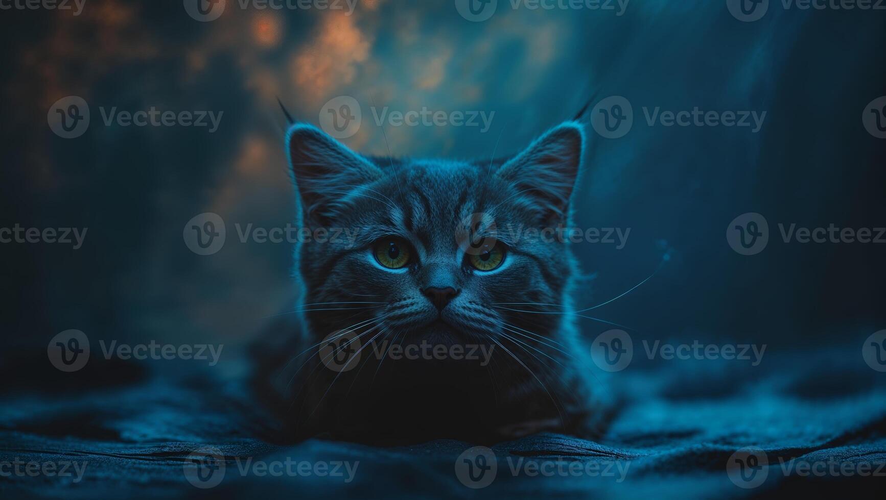 Striking blue-toned portrait of a cat in a mystical environment at twilight photo