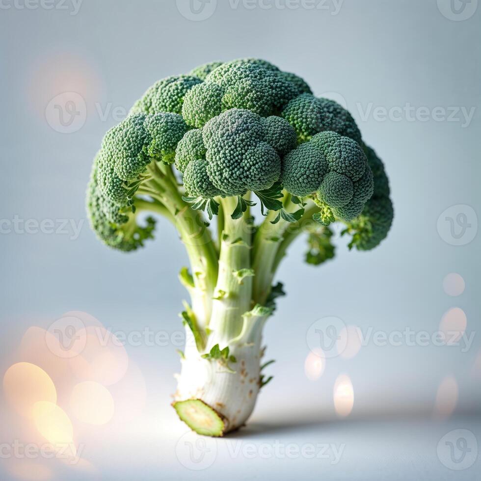 Fresh green broccoli stands upright against a blurred background, showcasing its detailed florets and vibrant color in a simple setting photo