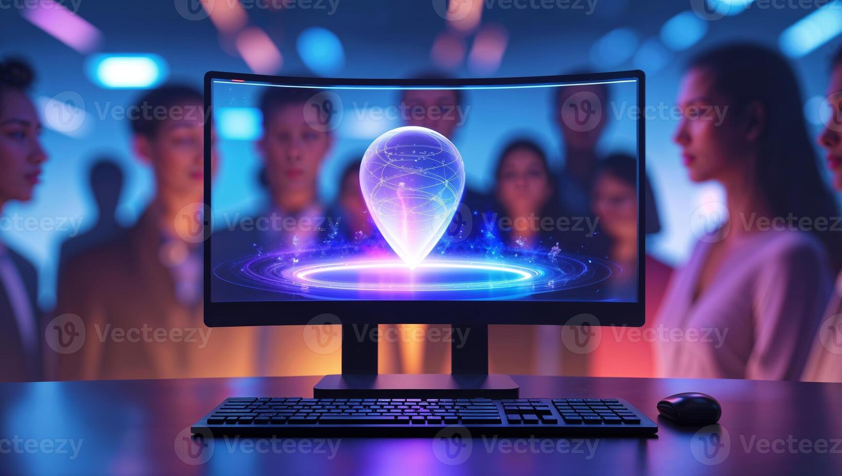 Digital technology display sparks interest among professionals in a conference setting photo