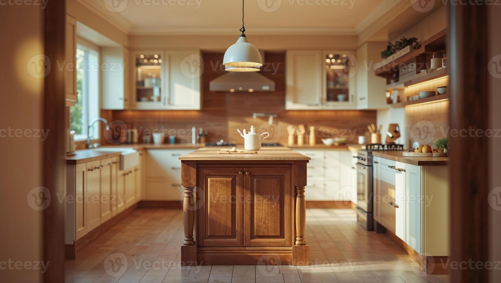 Modern kitchen with wooden island and warm lighting showcasing elegant design and functionality photo