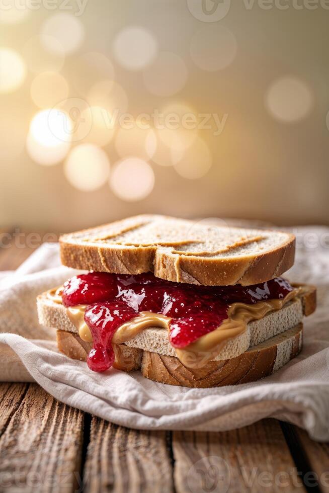 Peanut butter and jelly sandwich placed on wooden table with soft bokeh background photo