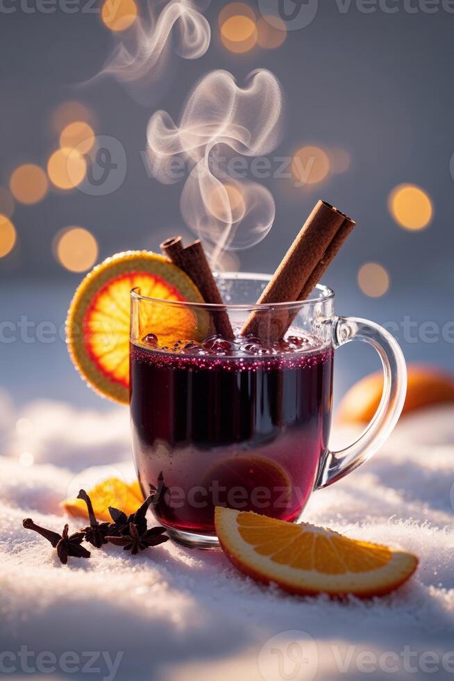 Warm spiced beverage with orange and cinnamon in a cozy setting during winter evening photo