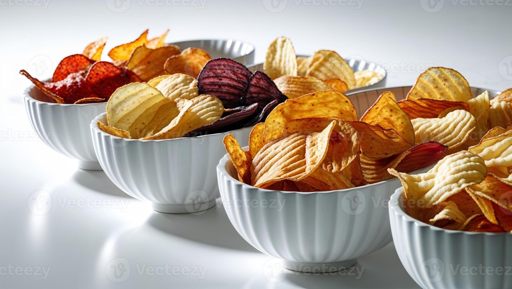 Variety of potato chips displayed in white bowls on a light surface for an appealing snack selection photo