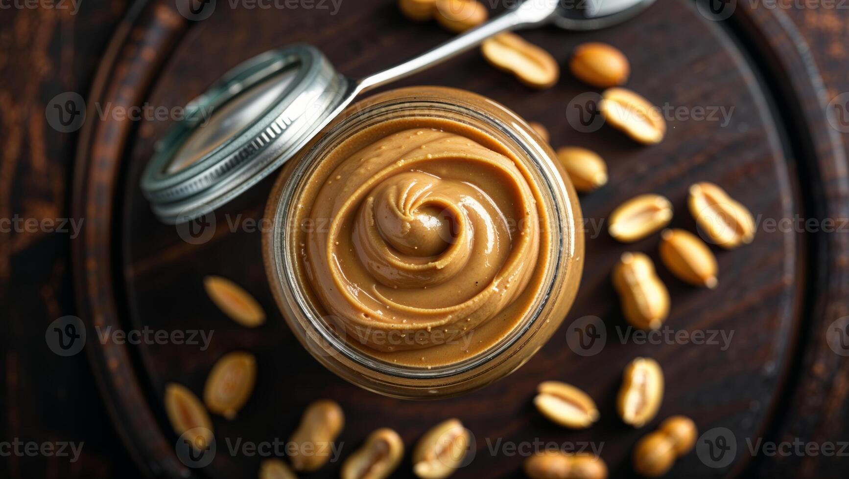 Creamy peanut butter jar surrounded by whole peanuts on a dark wooden table photo