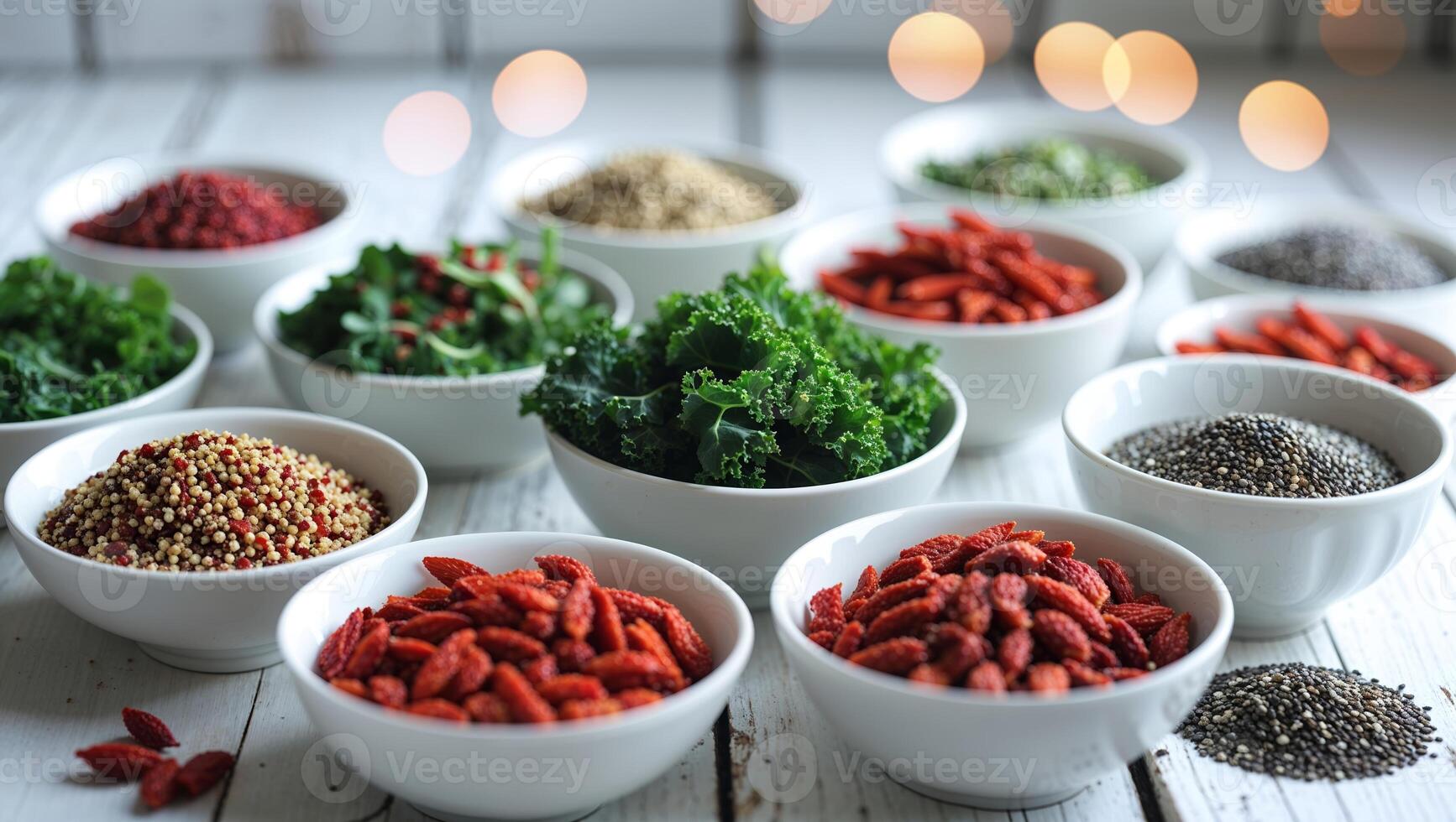 Lively display of fresh herbs and colorful superfoods arranged in bowls for healthy meal preparation in a bright kitchen setting photo