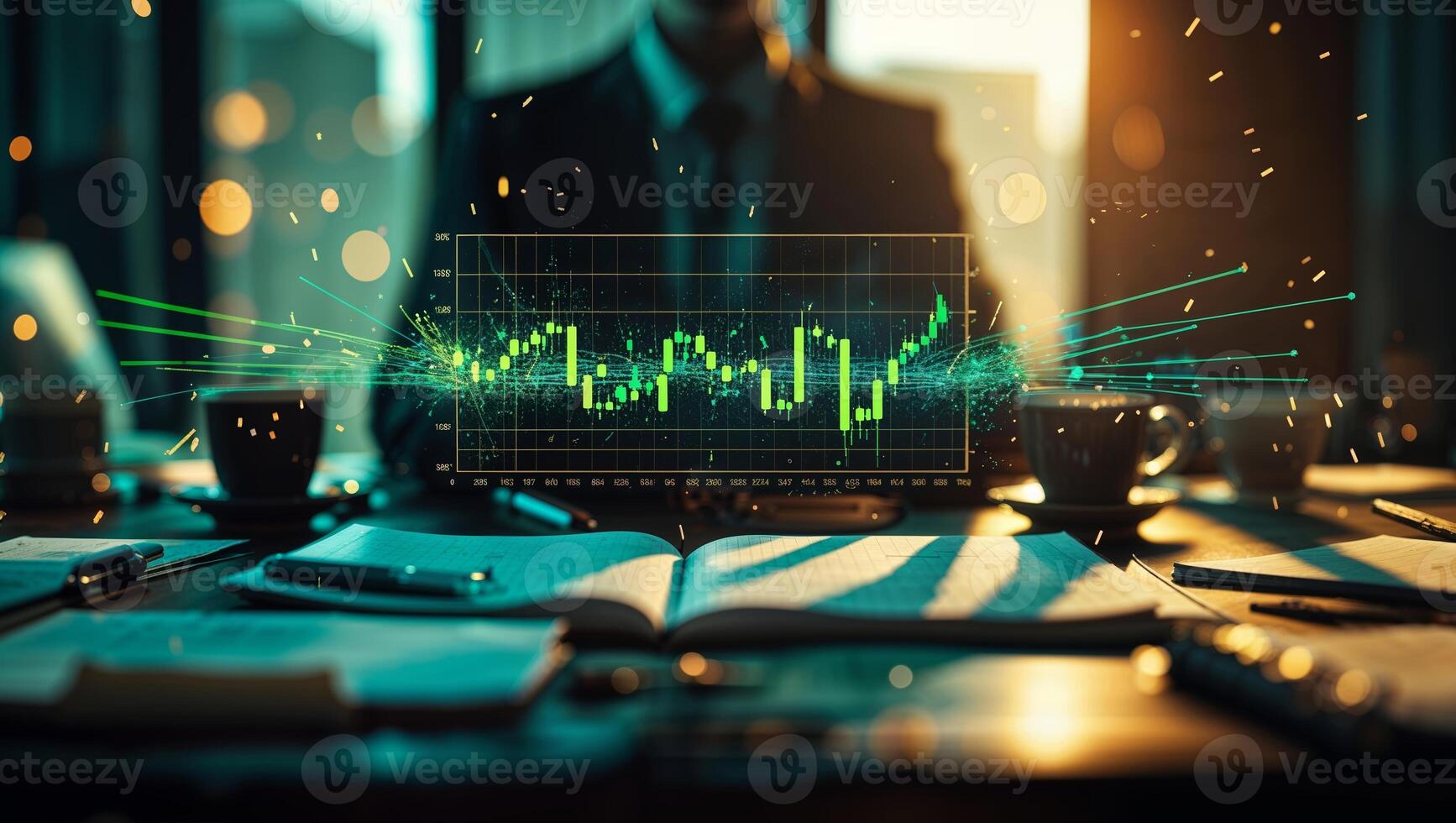 Business professional analyzing market trends with data visualization in a modern office setting during sunset photo