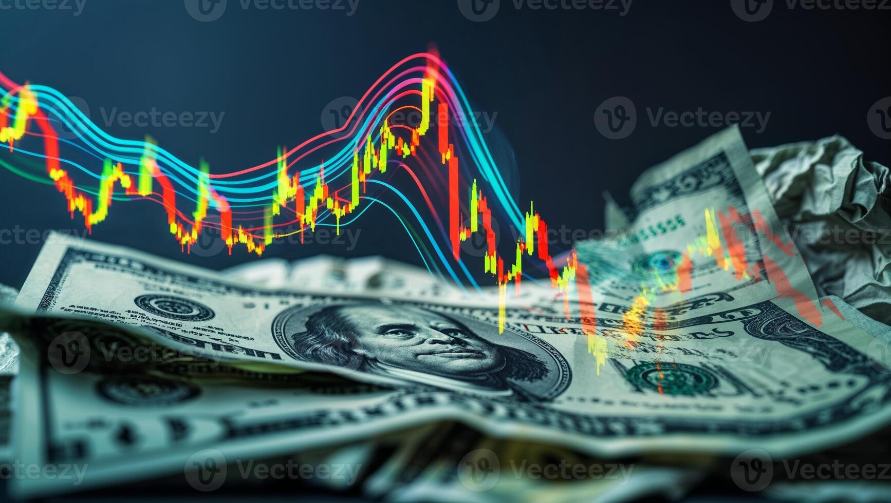 Financial market trend analysis with crumpled money and colorful graph lines on a dark background photo