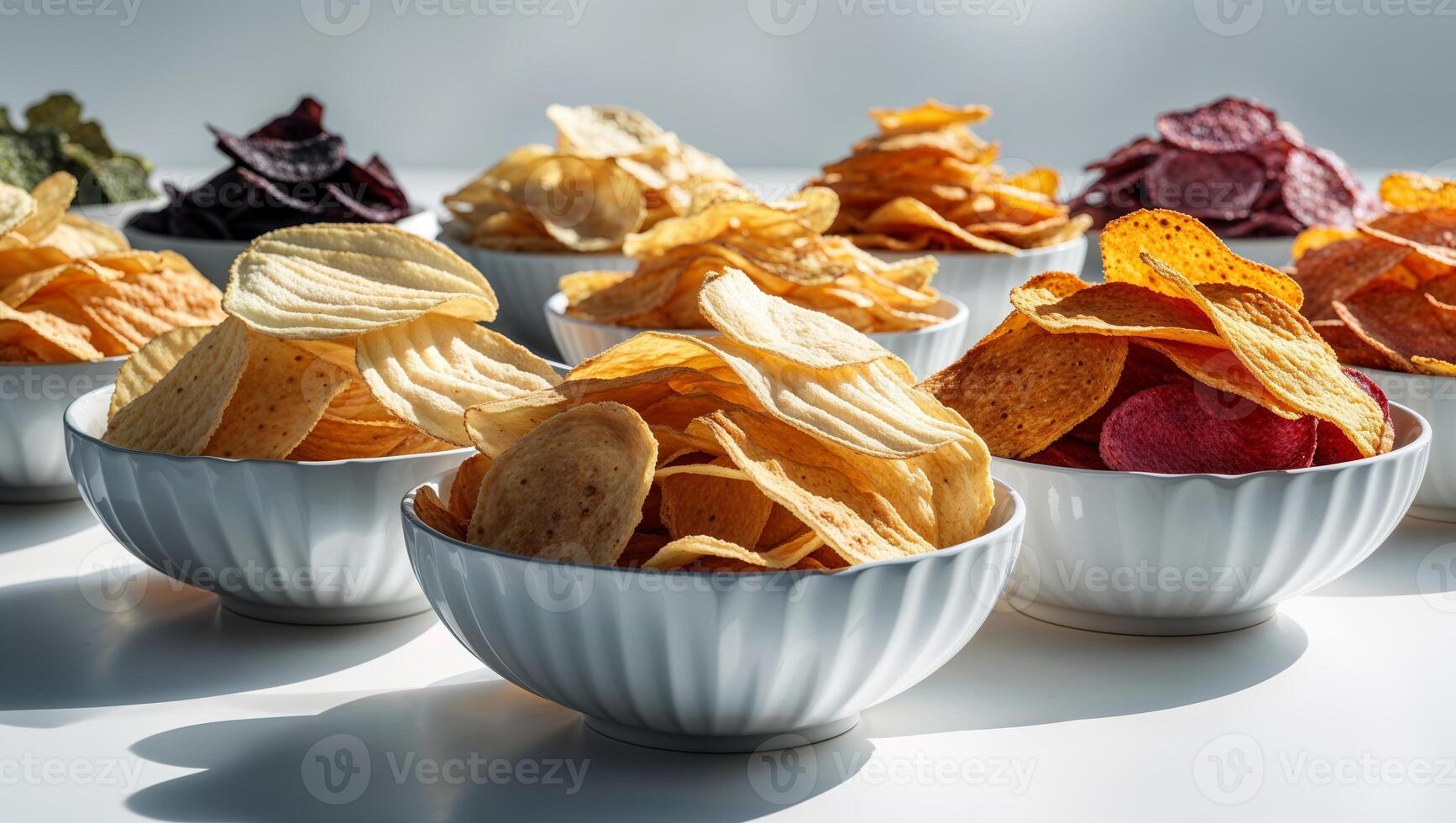 Assorted crunchy potato chips displayed in elegant white bowls under bright sunlight photo