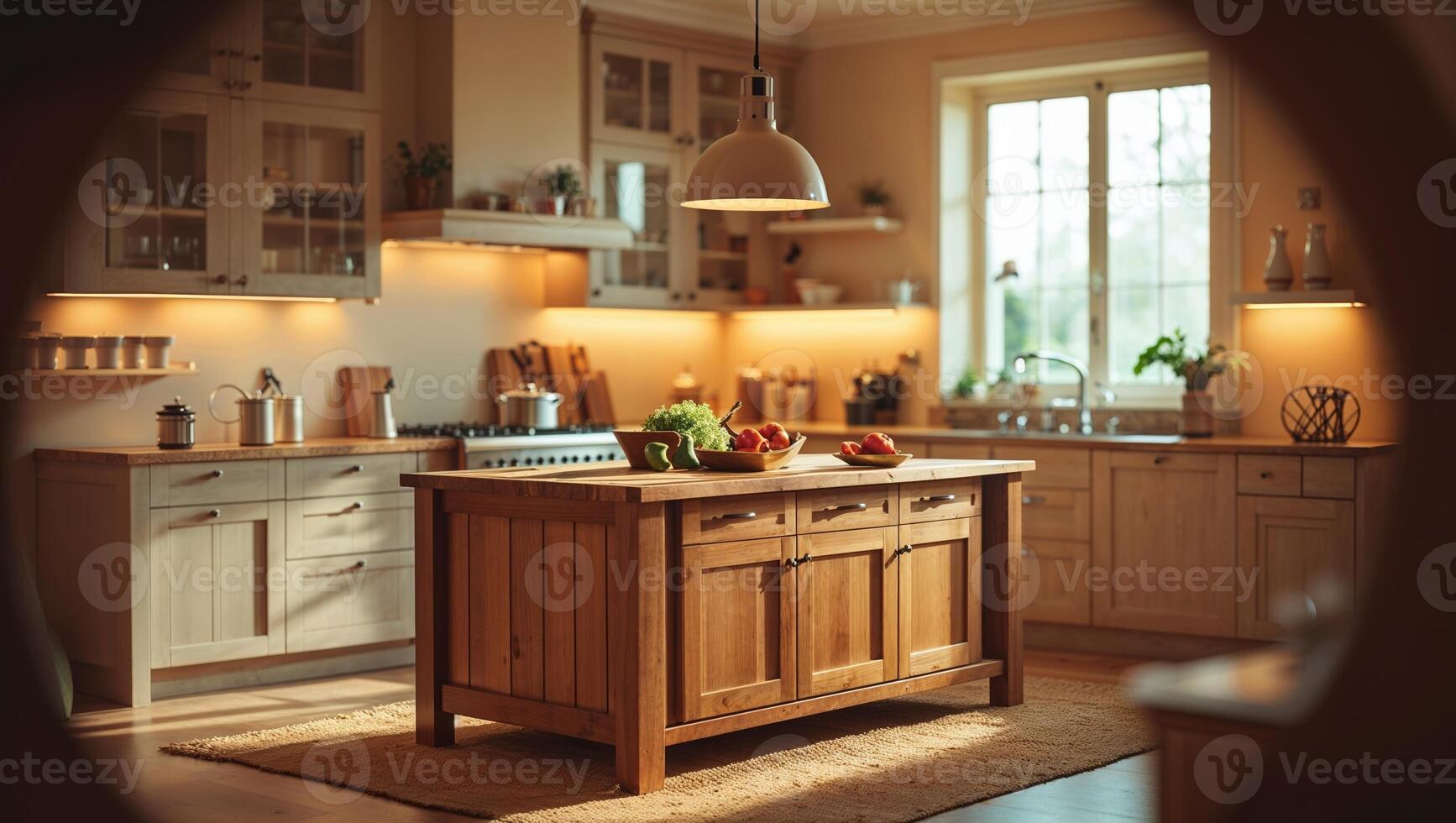 Warm and inviting kitchen with wooden island and soft lighting in a cozy setting photo