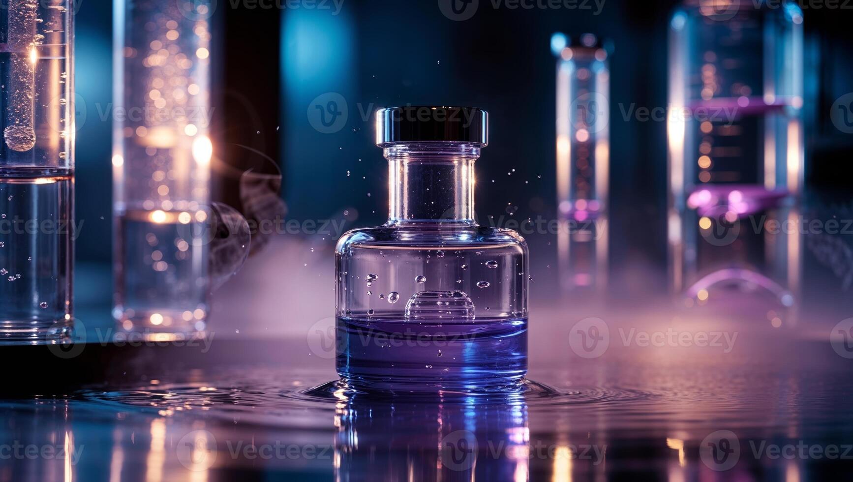 Colorful glass vials with liquid and mist in a laboratory setting during nighttime photo