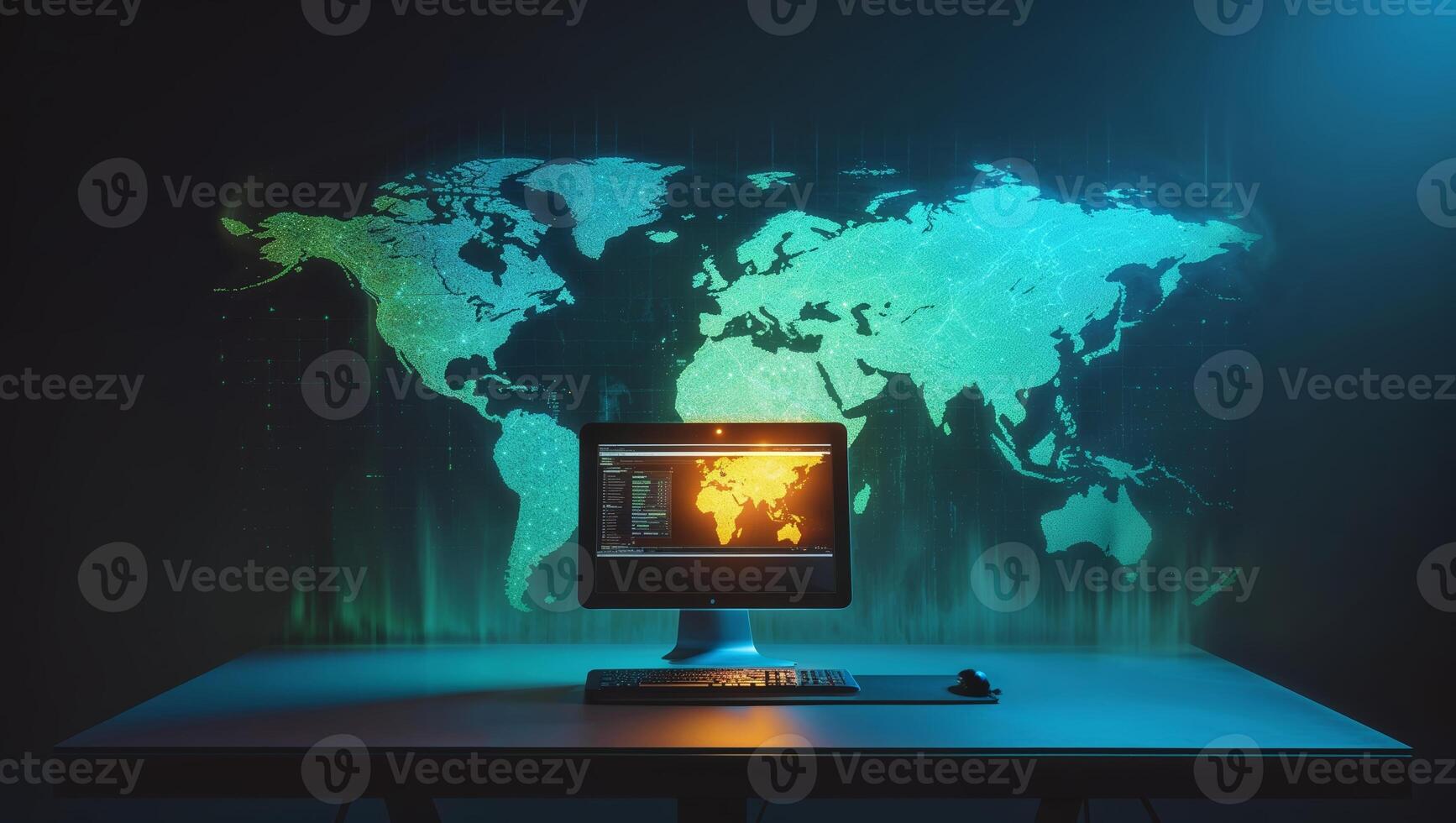 Global network visualization with a computer and holographic world map in a dimly lit room photo