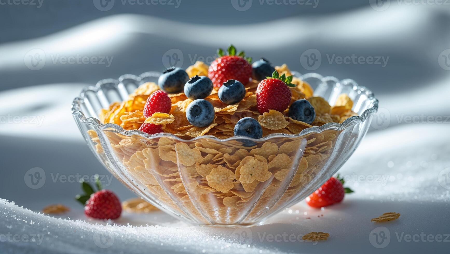 Fresh berries and crispy cereal in a bowl create a colorful breakfast display on a sunny morning photo