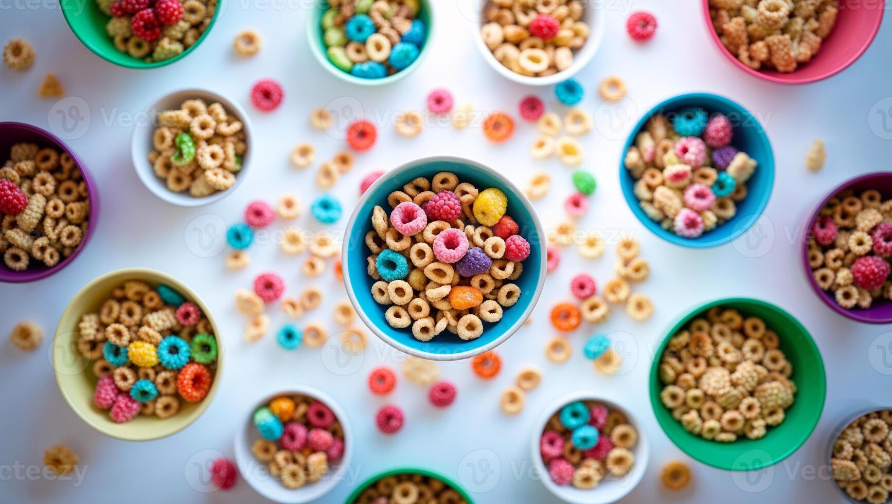 Colorful bowls filled with various cereals arranged in a playful layout during breakfast time photo