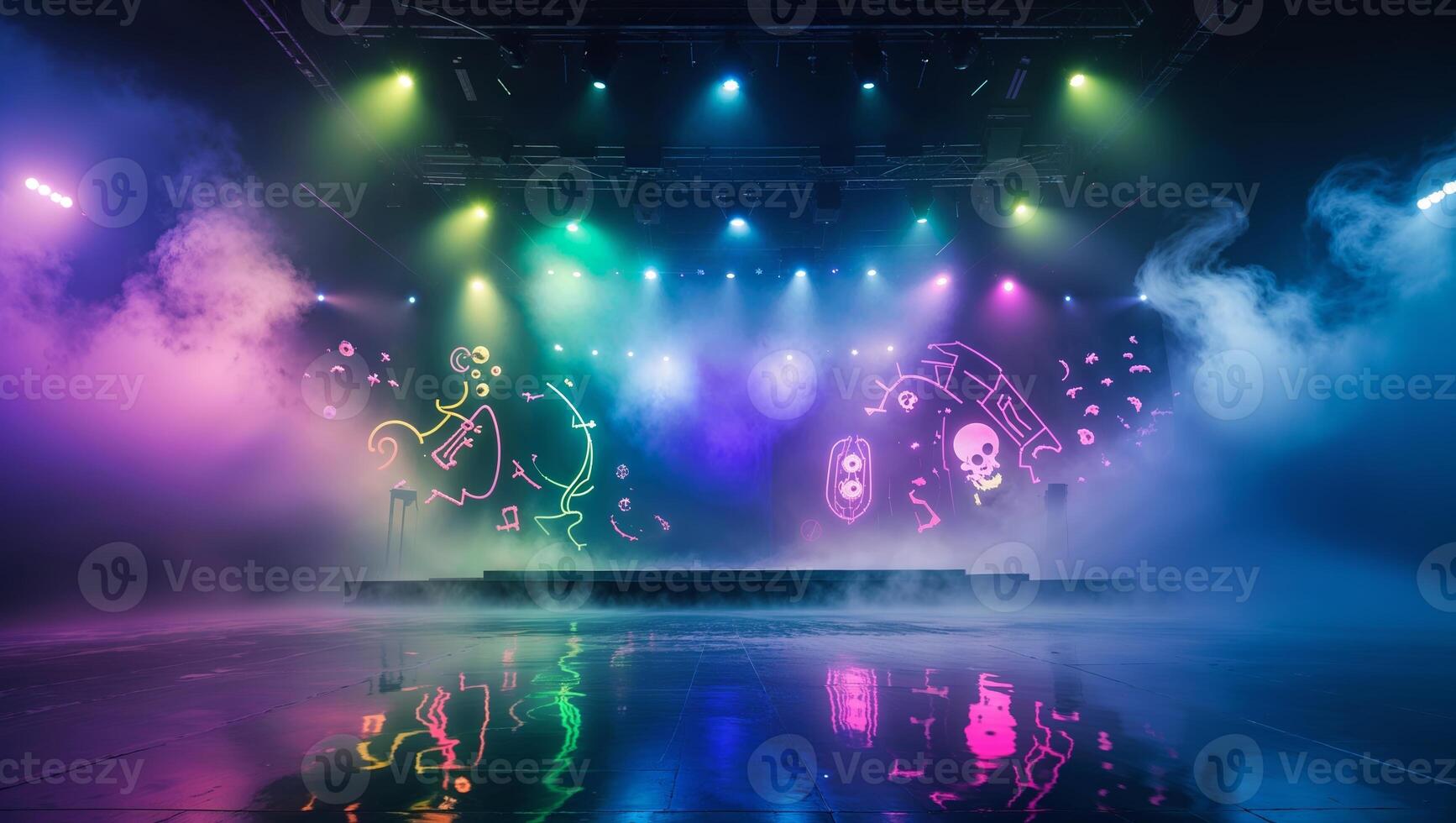 Colorful stage setup with vibrant lighting and smoke effects for an upcoming event at night photo