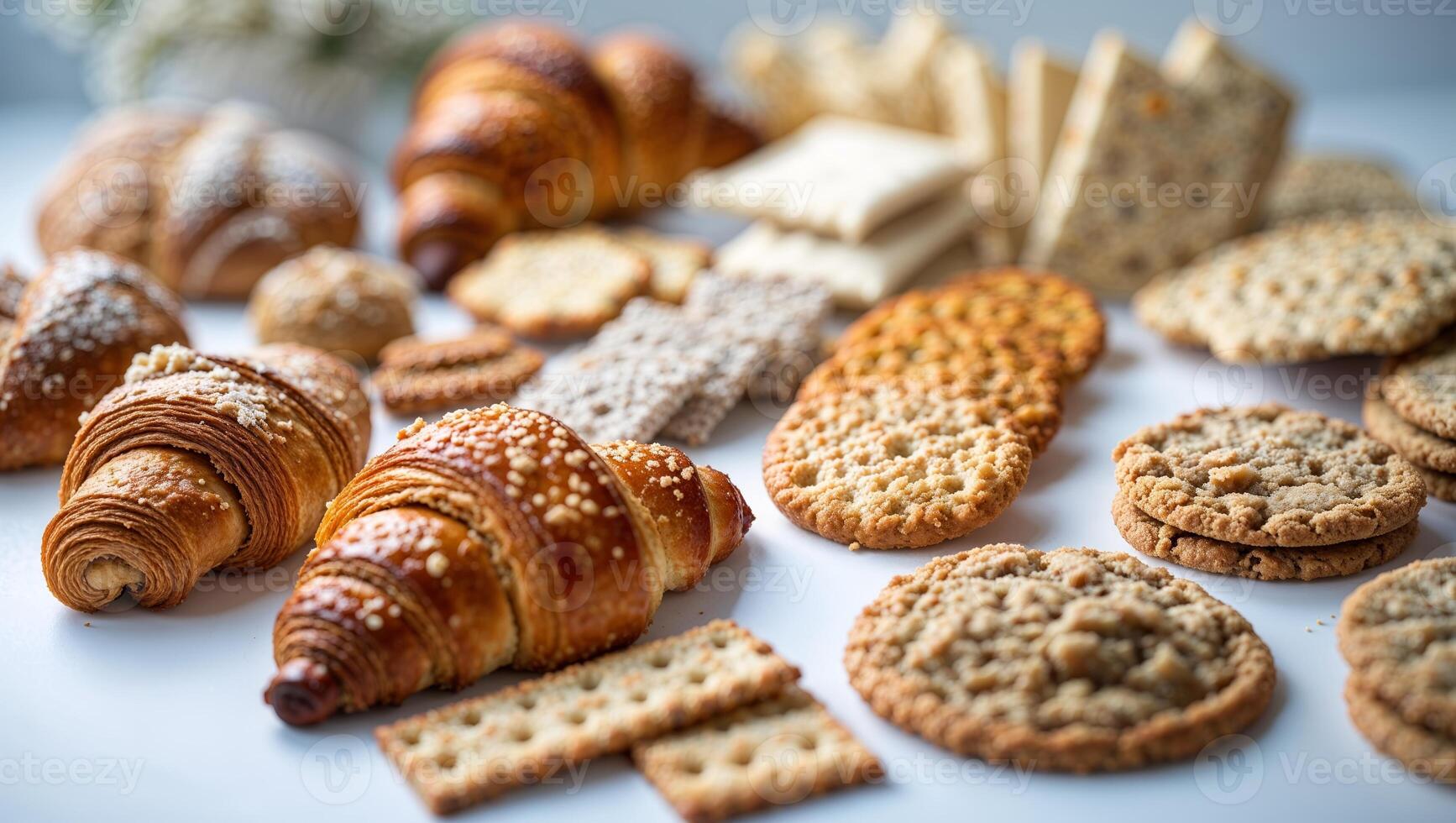 Assorted baked goods displayed on a white table during a casual gathering, showcasing various textures and flavors photo