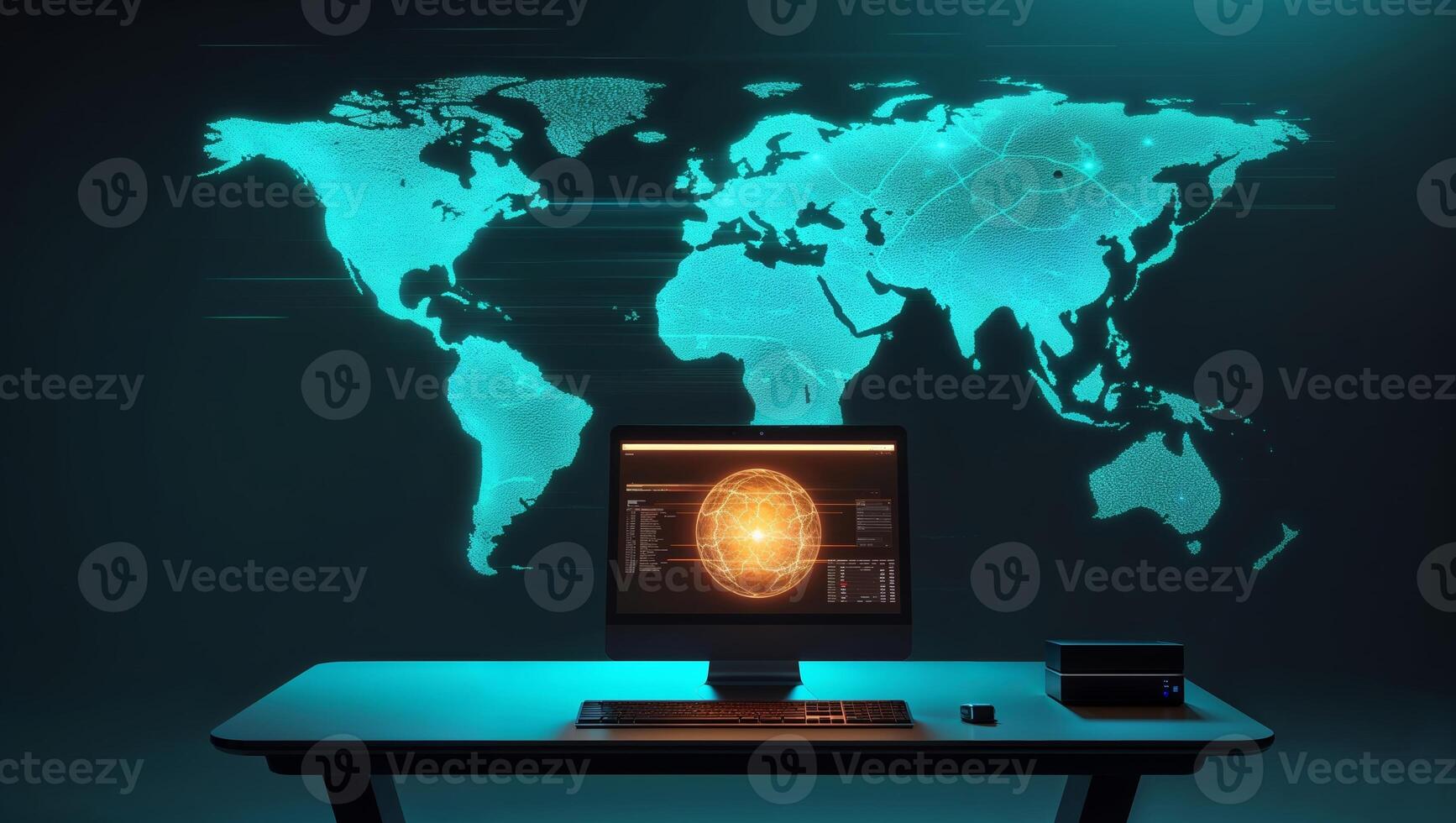 Futuristic workspace featuring a glowing world map and advanced computer setup for data analysis and global monitoring photo