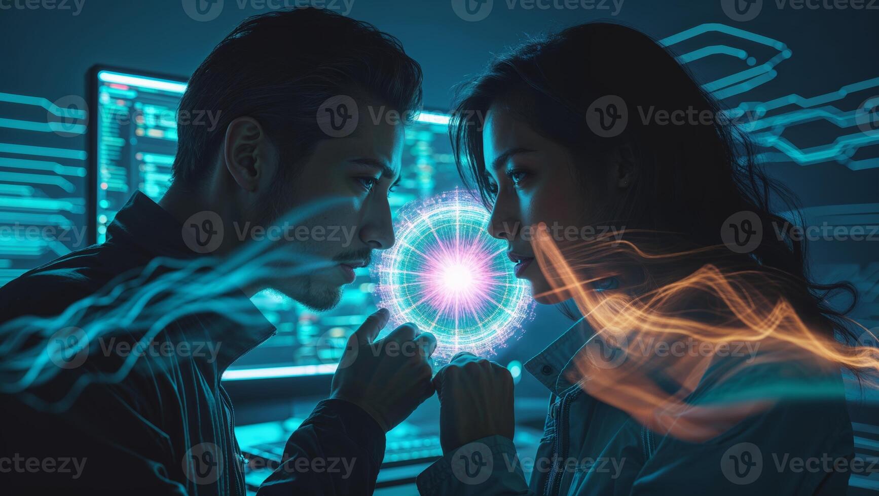 Digital interaction between two individuals in a futuristic setting with glowing energy visualizations photo
