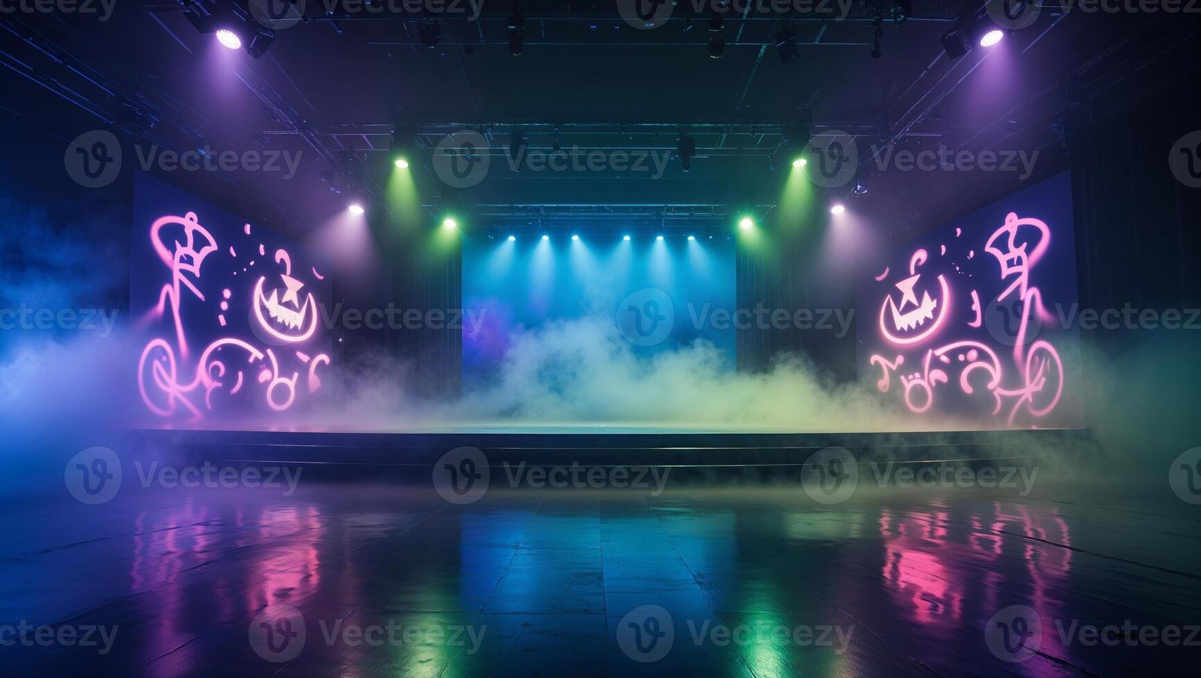 Vibrant stage setting with colorful lighting and fog effects creates an energetic atmosphere for an event photo