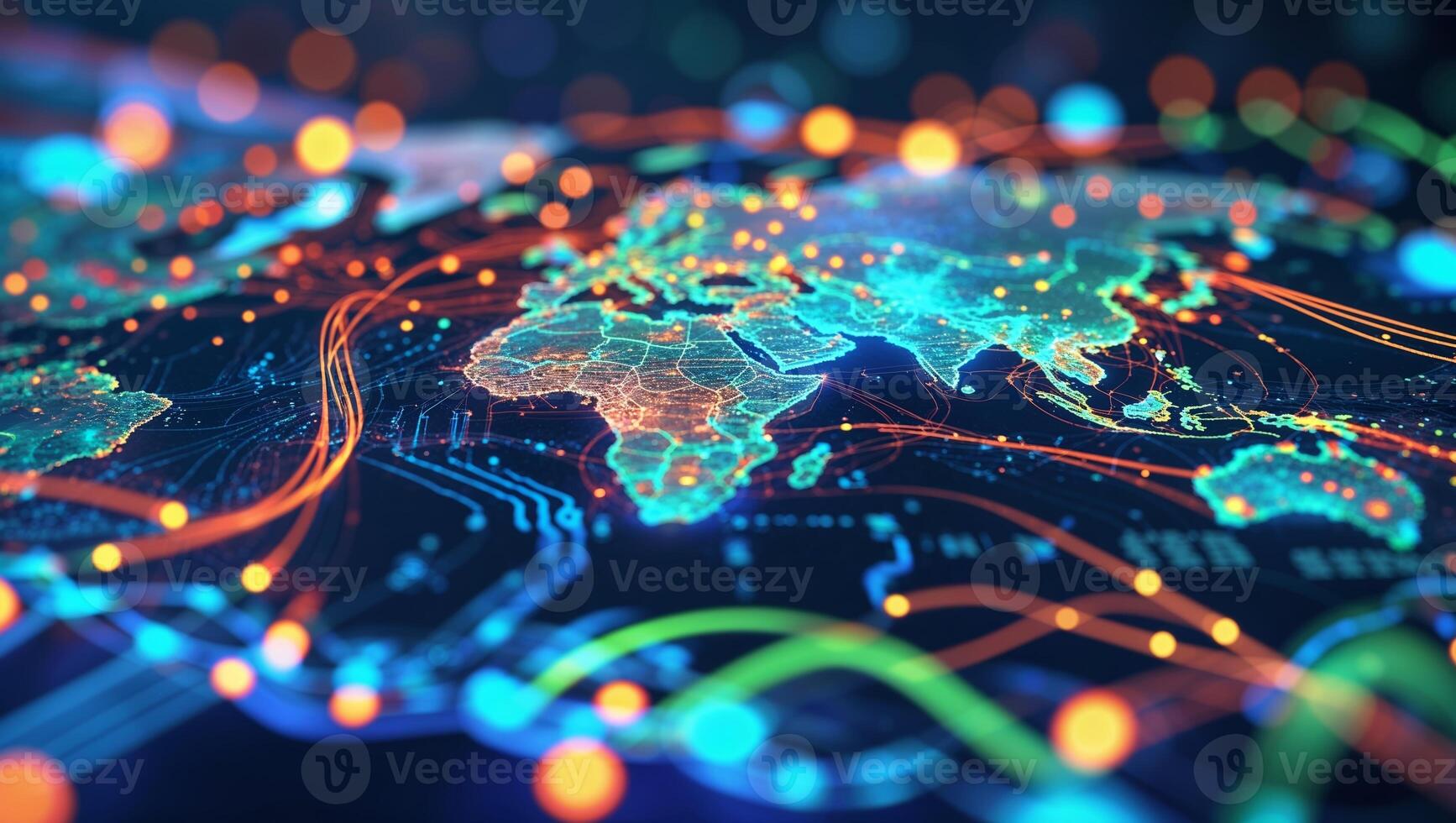 Visual representation of global data flow showcasing interconnected networks and technology across continents photo