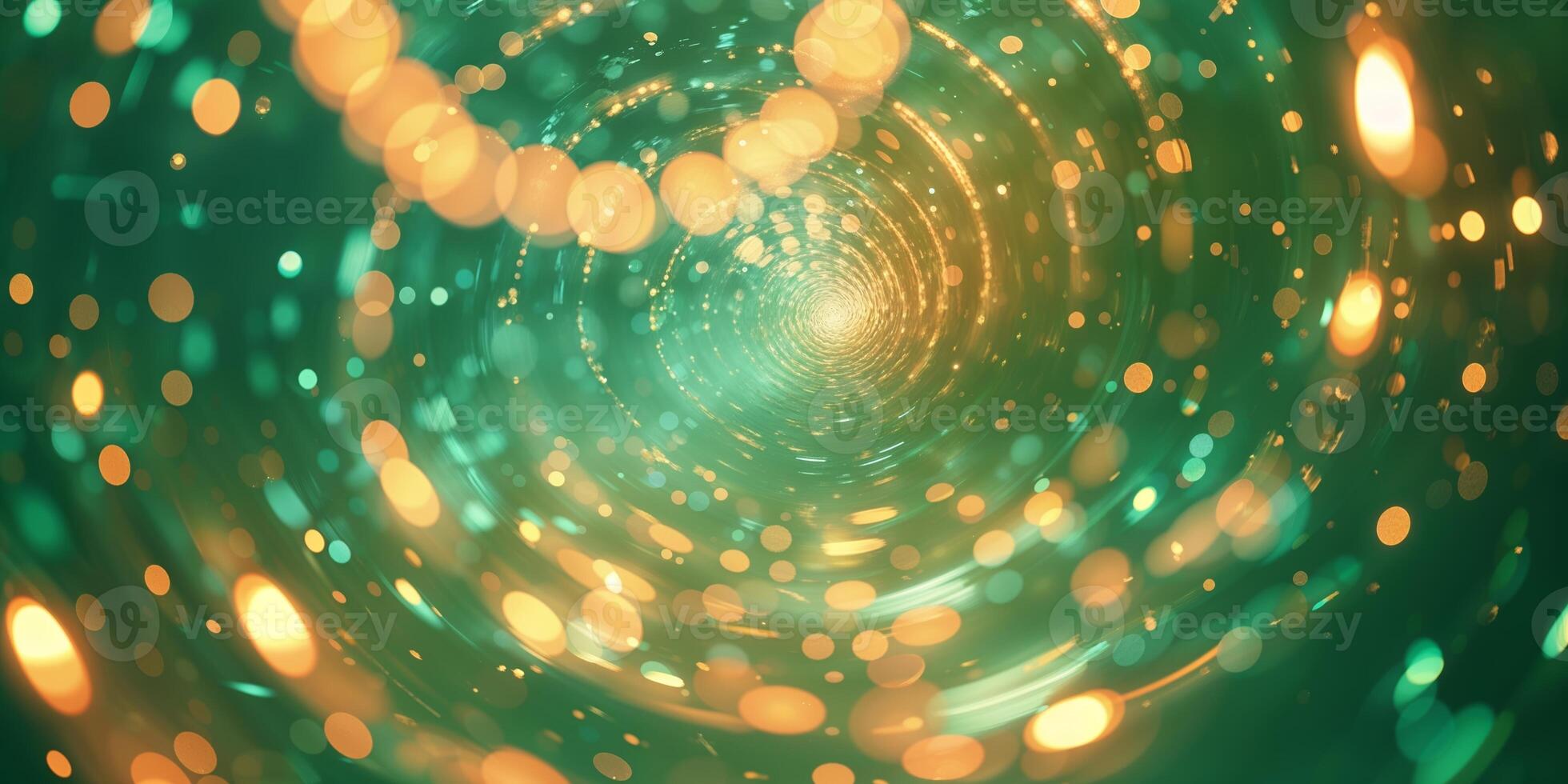 Light particles swirl in a mesmerizing green tunnel with golden accents in an abstract artistic representation photo