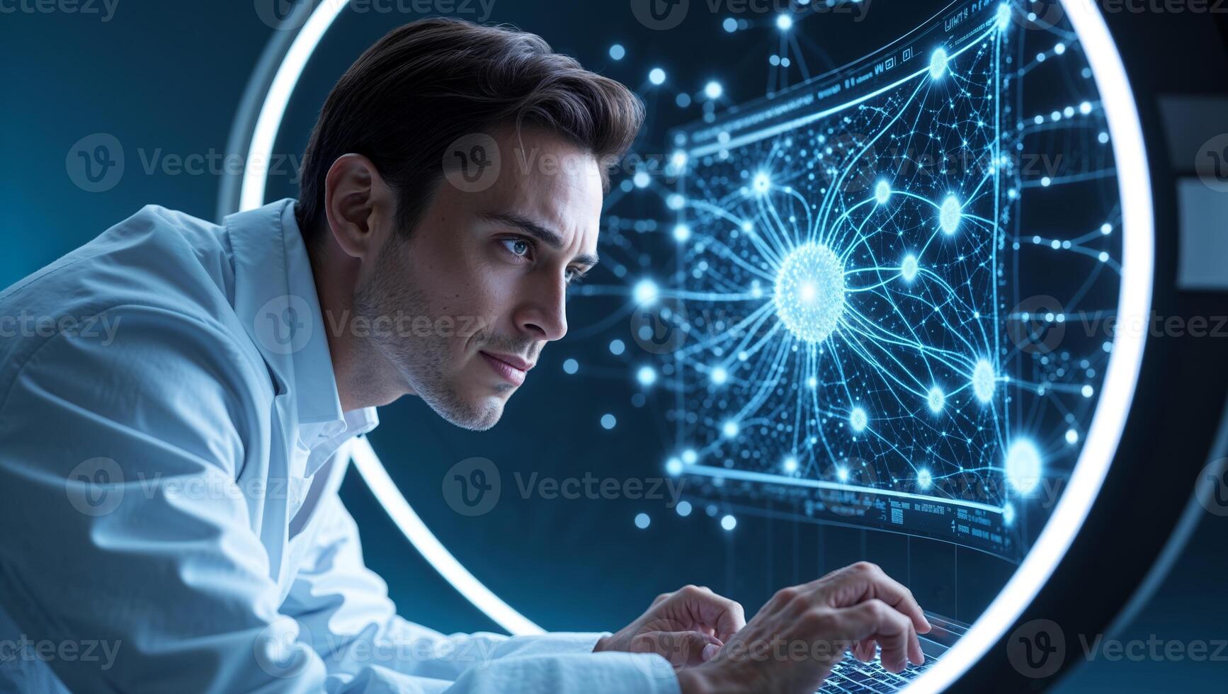 Scientist engages in advanced research at futuristic workspace illuminated by glowing data visuals photo